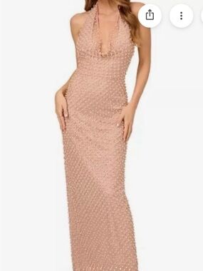 WORN ONCE. LIV FOSTER Blush Pink Halter Gown with Pearls - Size 8